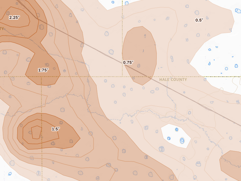 Radar-estimated hail-size map of the storm over Kress, TX on Jun 23, 2026