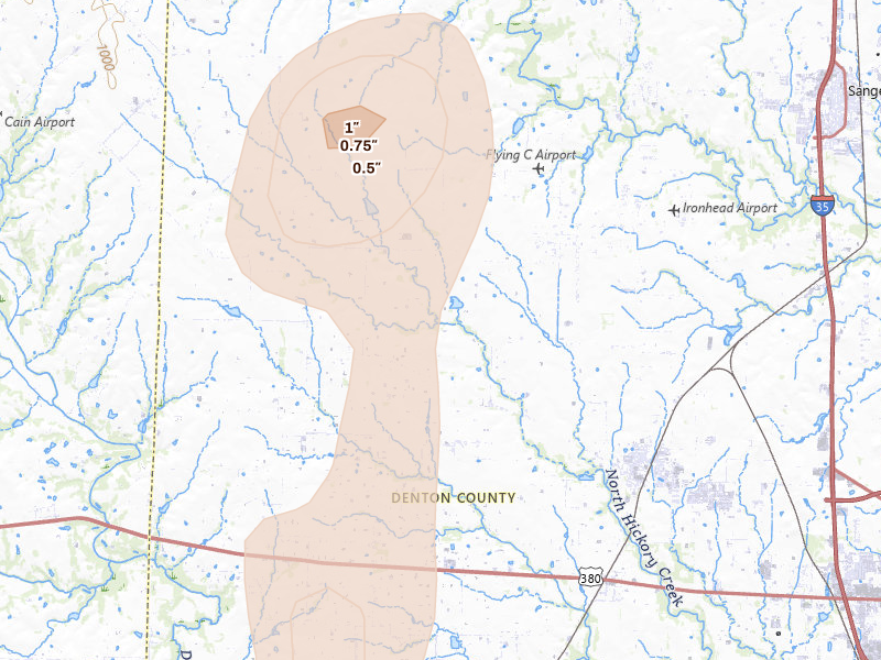 Radar-estimated hail-size map of the storm over Krum, TX on Jun 6, 2026