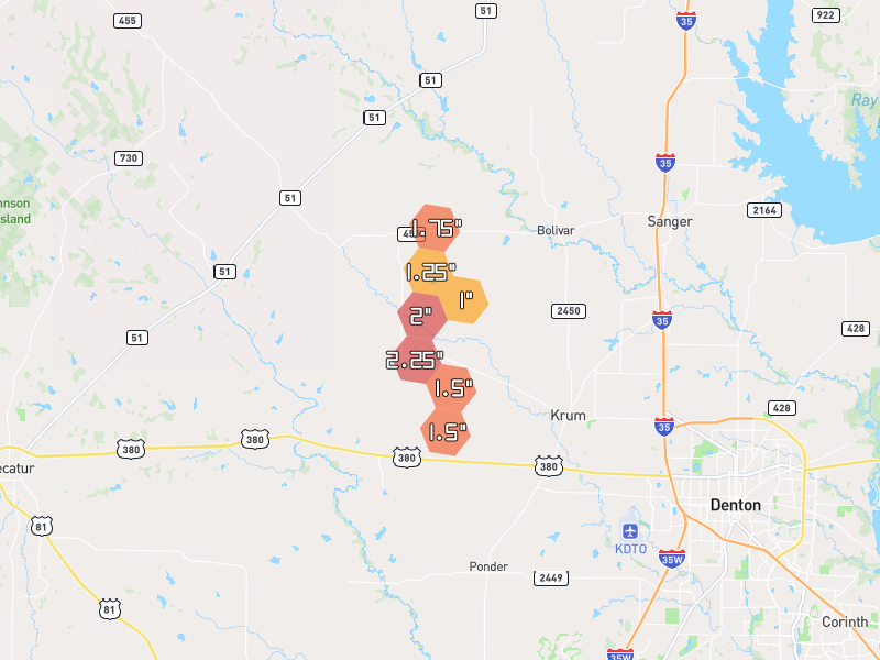 Hail map of Krum, TX on Jun 6, 2026, hail up to 2.25"