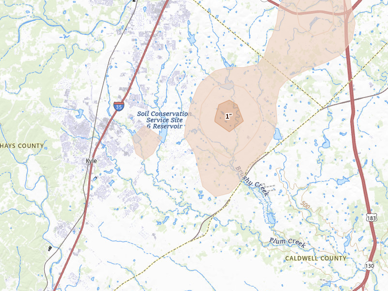 Radar-estimated hail-size map of the storm over Kyle, TX on Jun 2, 2026