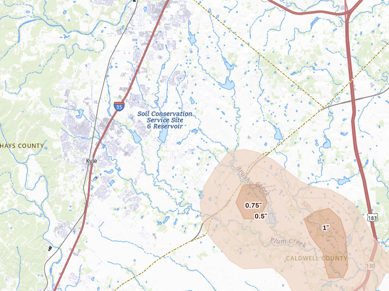Radar-estimated hail-size map of the storm over Kyle, TX on Aug 27, 2026