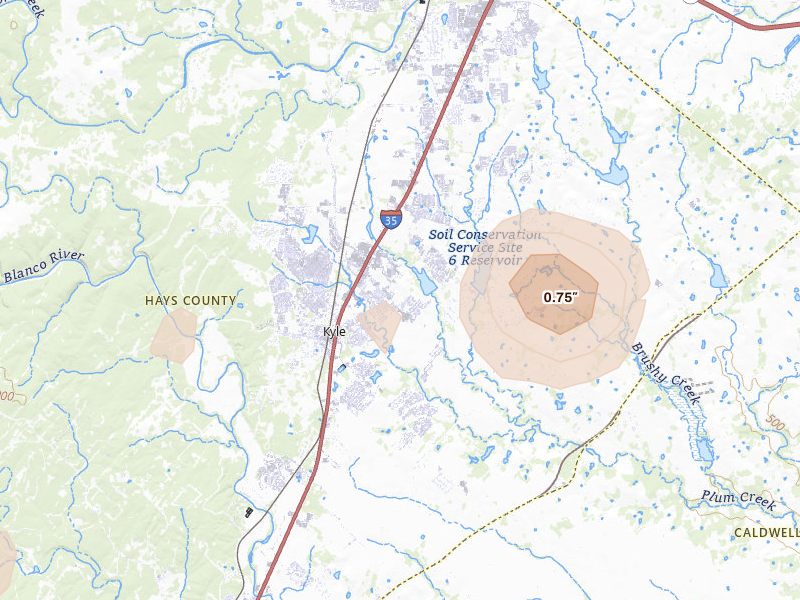 Radar-estimated hail-size map of the storm over Kyle, TX on Aug 28, 2026