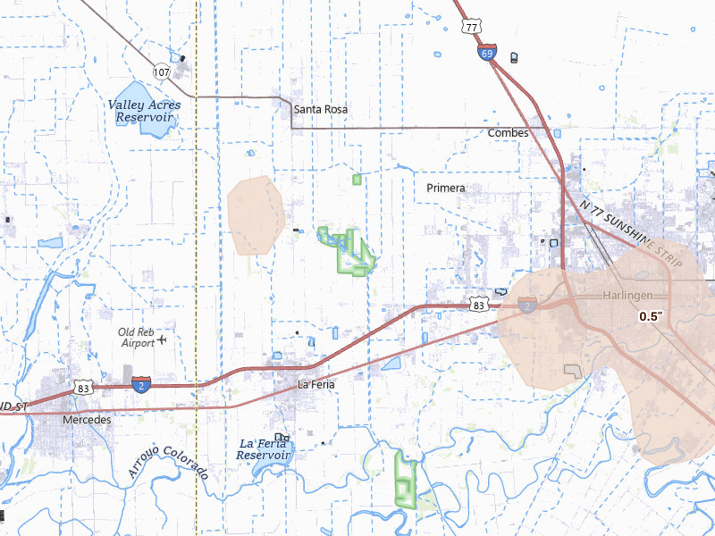 Radar-estimated hail-size map of the storm over La Feria, TX on May 9, 2026