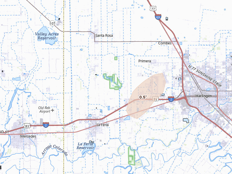 Radar-estimated hail-size map of the storm over La Feria, TX on Jun 20, 2026