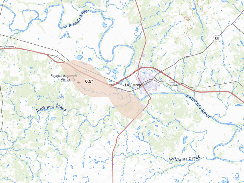 Radar-estimated hail-size map of the storm over La Grange, TX