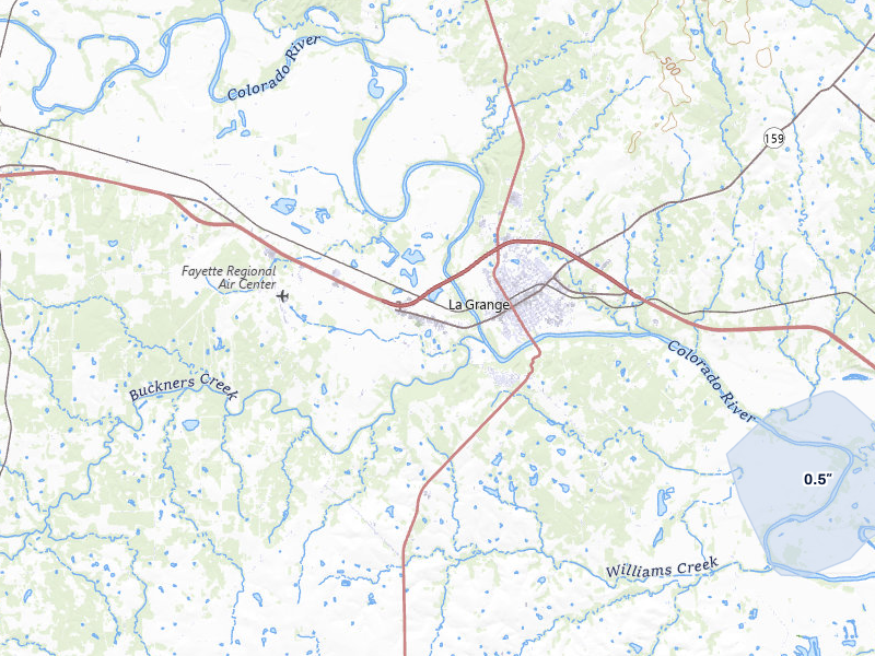 NEXRAD radar-signature map of the hail storm over La Grange, TX on May 10, 2026