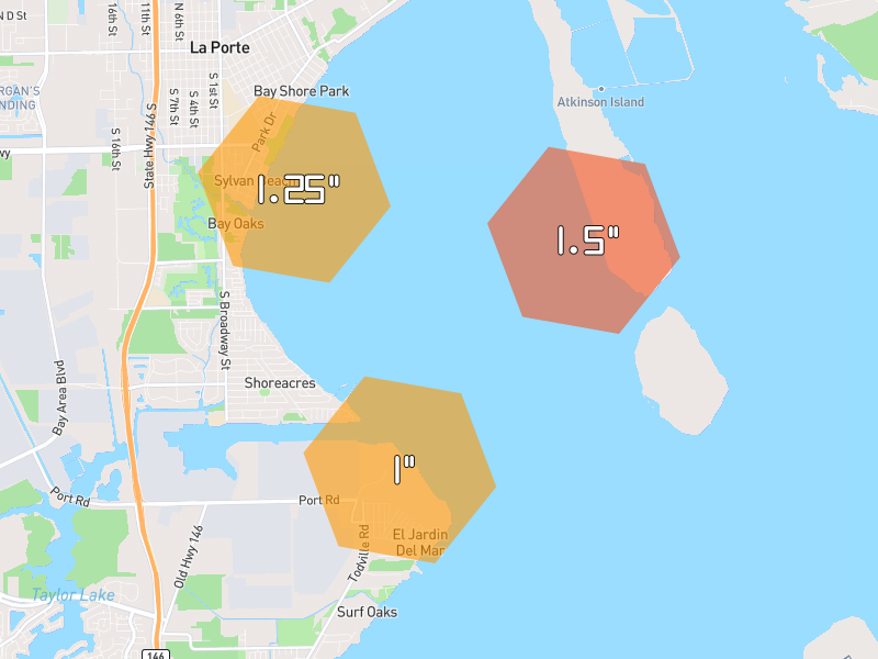 Hail map of La Porte, TX on Jul 22, 2026, hail up to 1.5"