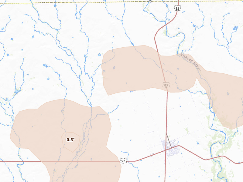 Radar-estimated hail-size map of the storm over La Pryor, TX on May 10, 2026