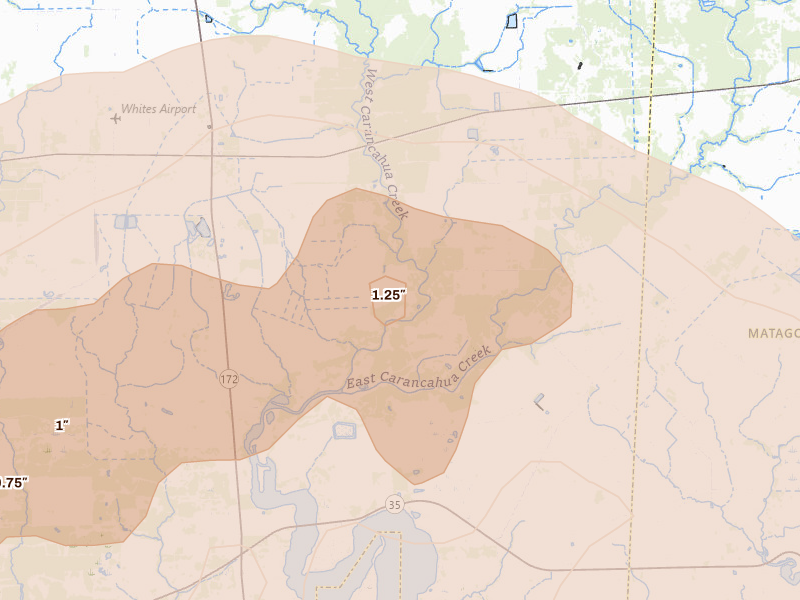 Radar-estimated hail-size map of the storm over La Ward, TX on May 1, 2026