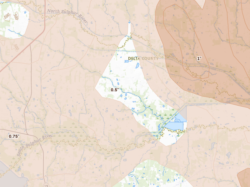 Radar-estimated hail-size map of the storm over Lake Creek, TX on Apr 24, 2026