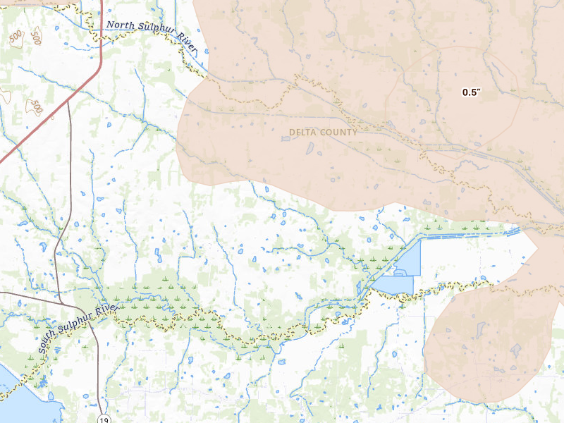 Radar-estimated hail-size map of the storm over Lake Creek, TX on May 9, 2026