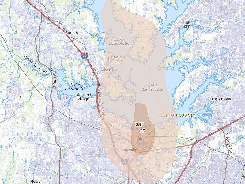 Radar-estimated hail-size map of the storm over Lake Dallas, TX on May 19, 2026
