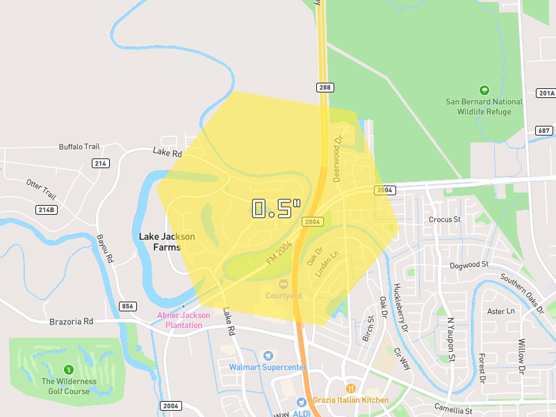 Hail map of Lake Jackson, TX on Jul 23, 2026, hail up to 0.5"