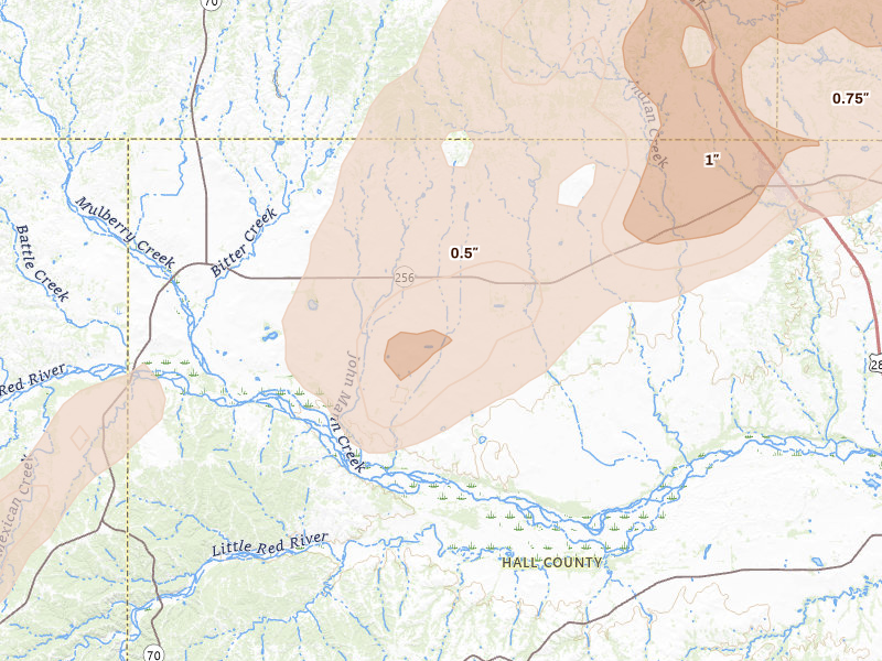 Radar-estimated hail-size map of the storm over Lakeview, TX on Mar 5, 2026