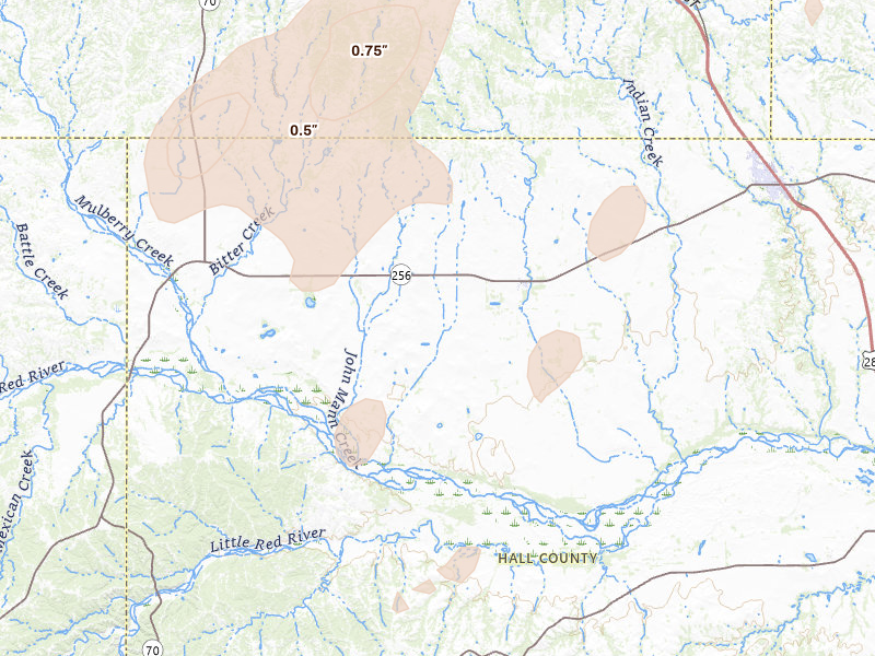 Radar-estimated hail-size map of the storm over Lakeview, TX on Jul 1, 2026