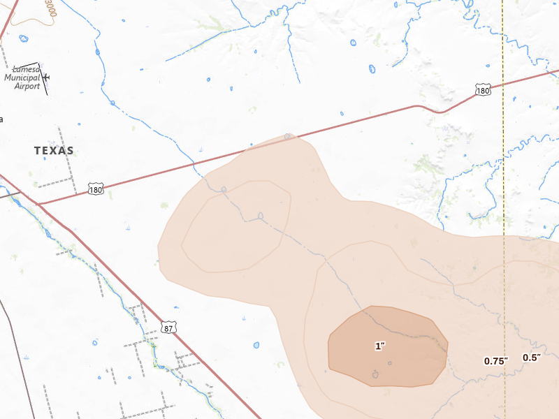 Radar-estimated hail-size map of the storm over Lamesa, TX on May 10, 2026