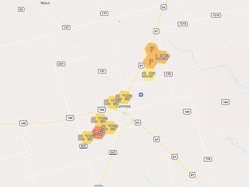 Hail map of Lamesa, TX on Jun 28, 2026, hail up to 1.5"