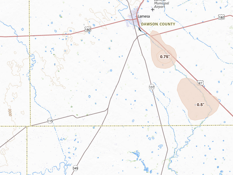 Radar-estimated hail-size map of the storm over Lamesa, TX on Jul 5, 2026