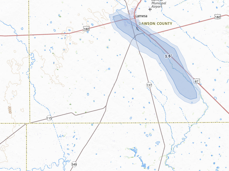 NEXRAD radar-signature map of the hail storm over Lamesa, TX on Jul 5, 2026