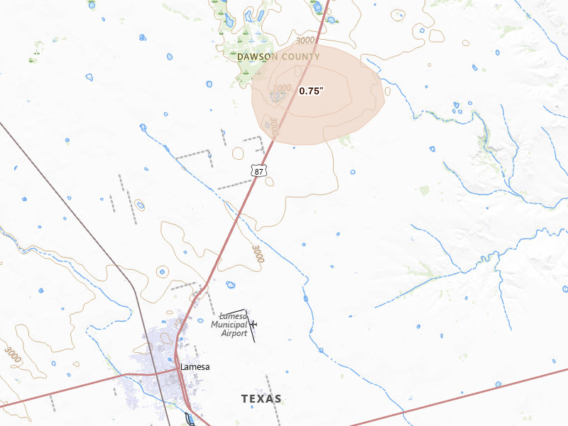 Radar-estimated hail-size map of the storm over Lamesa, TX on Aug 27, 2026