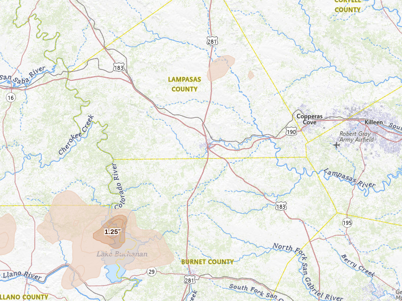 Radar-estimated hail-size map of the storm over Lampasas, TX on Mar 4, 2026