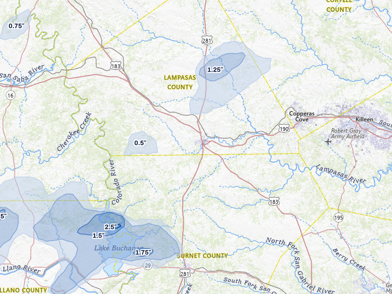 NEXRAD radar-signature map of the hail storm over Lampasas, TX on Mar 4, 2026
