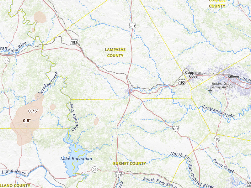 Radar-estimated hail-size map of the storm over Lampasas, TX on Mar 10, 2026