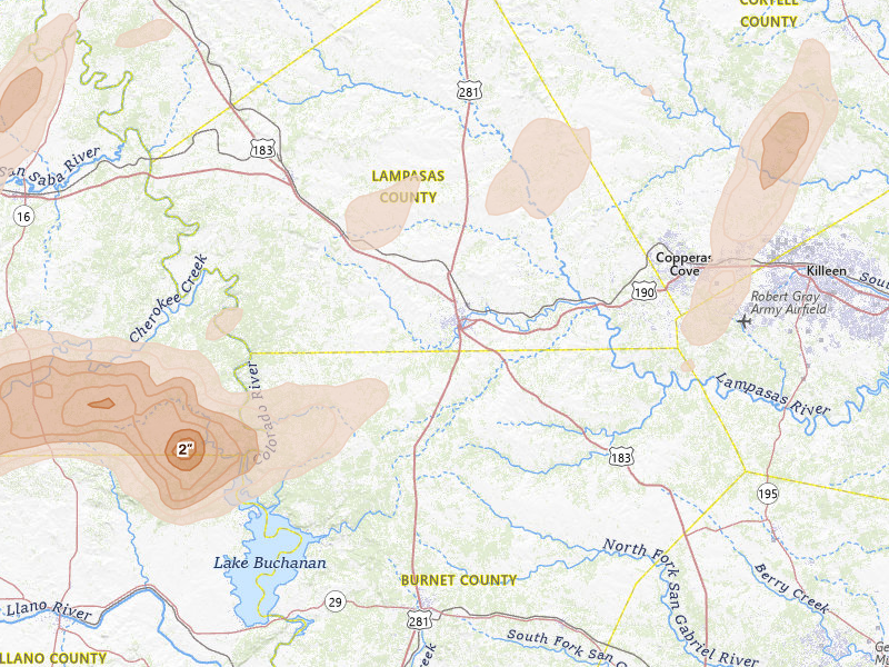 Radar-estimated hail-size map of the storm over Lampasas, TX on Apr 12, 2026
