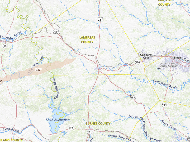 Radar-estimated hail-size map of the storm over Lampasas, TX on Apr 18, 2026