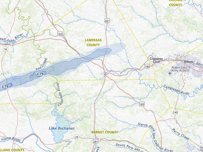 NEXRAD radar-signature map of the hail over Lampasas, TX