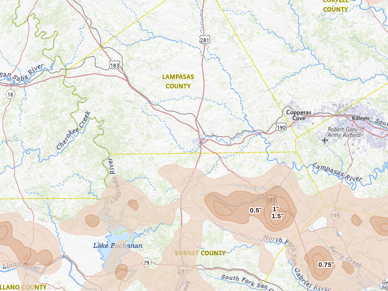 Radar-estimated hail-size map of the storm over Lampasas, TX on May 19, 2026