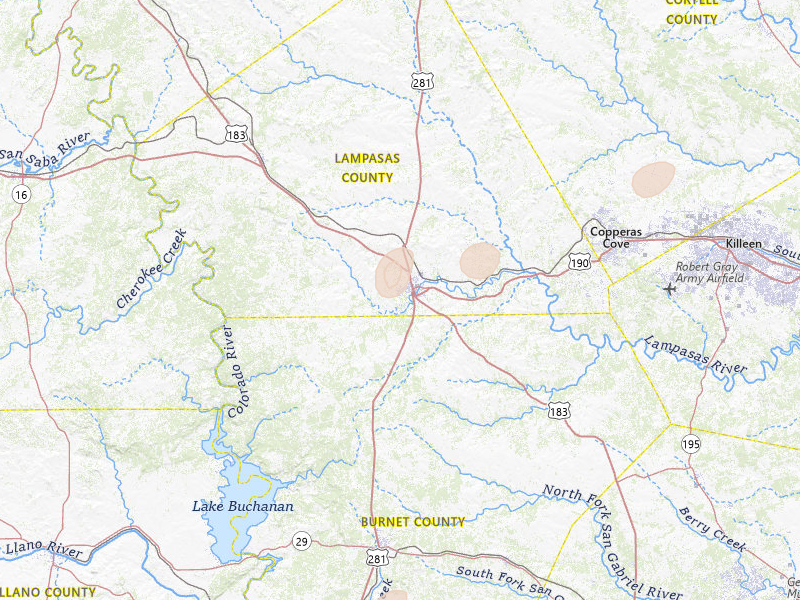 Radar-estimated hail-size map of the storm over Lampasas, TX on May 21, 2026