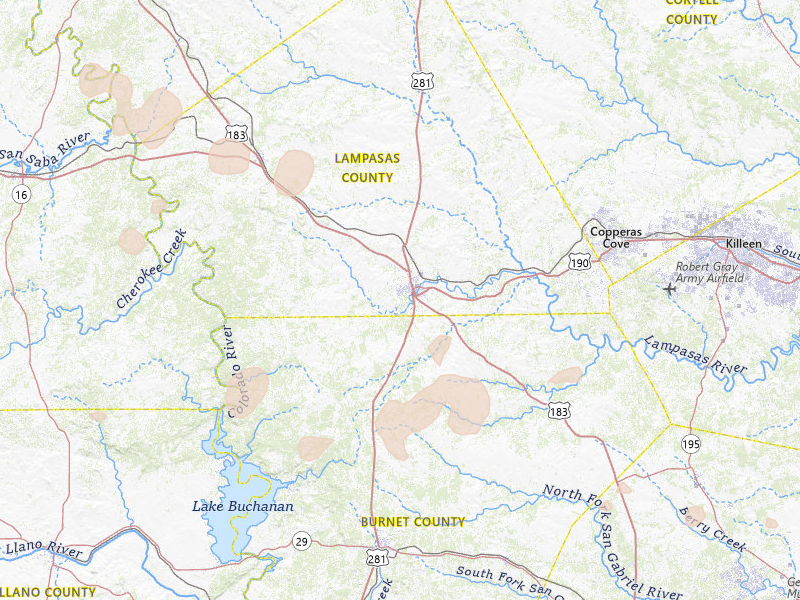 Radar-estimated hail-size map of the storm over Lampasas, TX on May 22, 2026