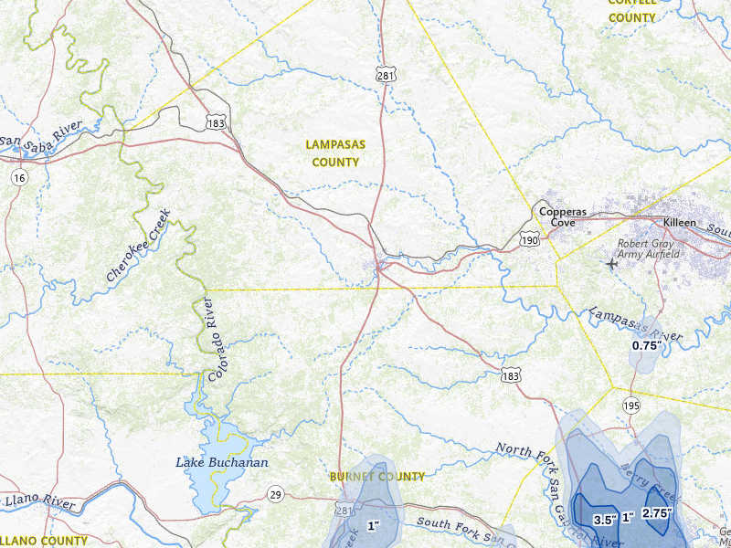 NEXRAD radar-signature map of the hail over Lampasas, TX