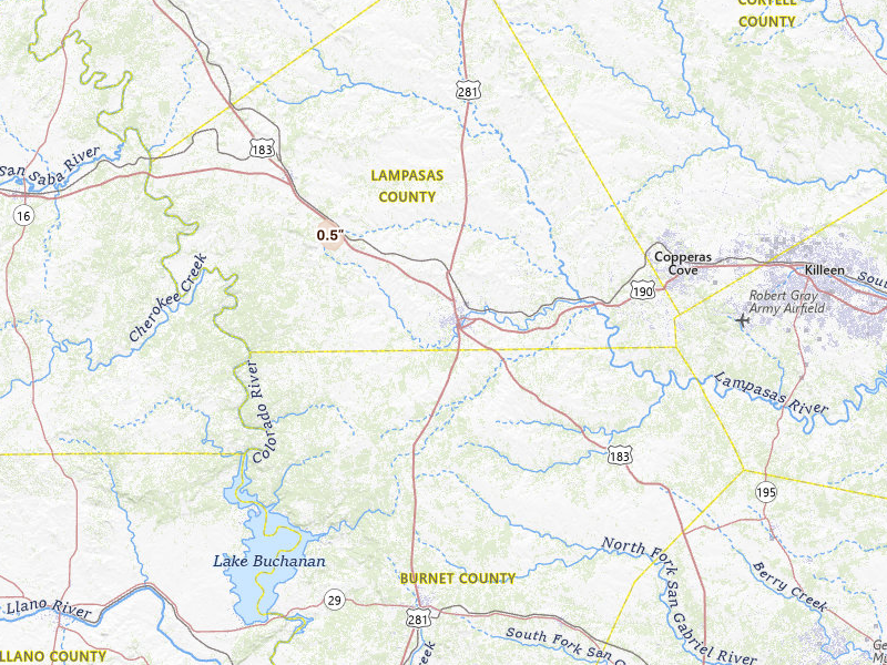 Radar-estimated hail-size map of the storm over Lampasas, TX on Jun 14, 2026
