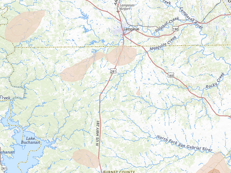 Radar-estimated hail-size map of the storm over Lampasas, TX on Aug 27, 2026