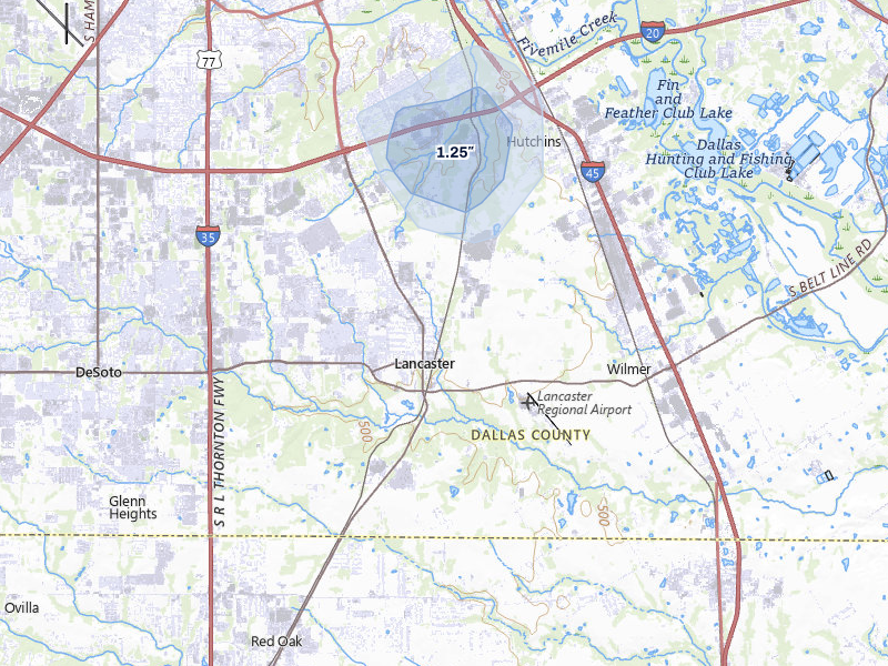 NEXRAD radar-signature map of the hail storm over Lancaster, TX on Mar 3, 2026