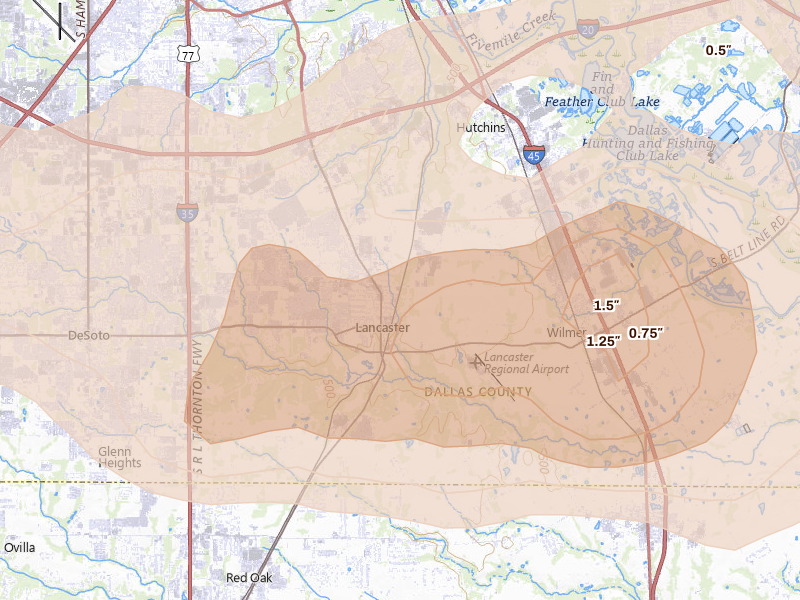 Radar-estimated hail-size map of the storm over Lancaster, TX on Mar 4, 2026