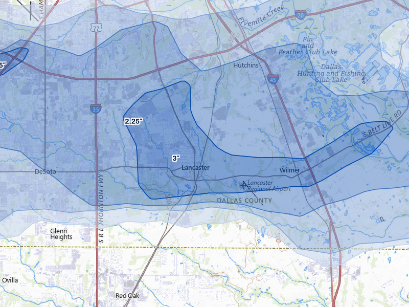 NEXRAD radar-signature map of the hail storm over Lancaster, TX on Mar 4, 2026