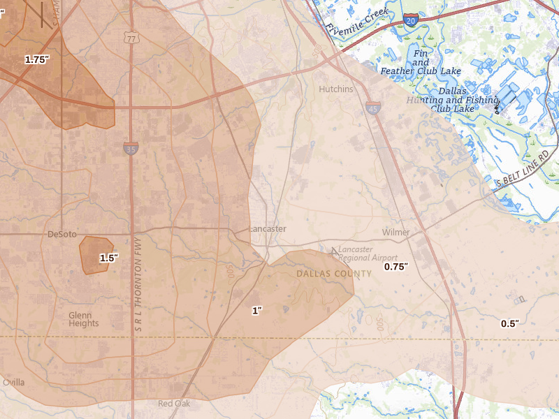 Radar-estimated hail-size map of the storm over Lancaster, TX on Apr 25, 2026