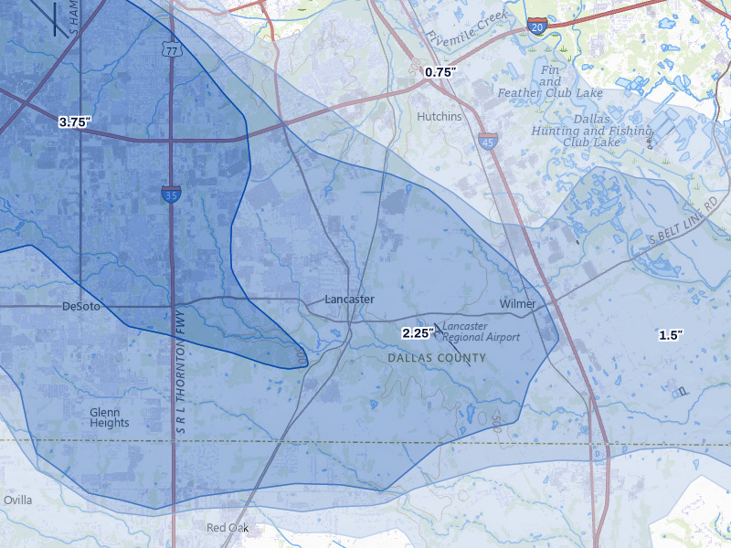 NEXRAD radar-signature map of the hail over Lancaster, TX