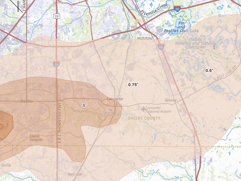 Radar-estimated hail-size map of the storm over Lancaster, TX on Jun 6, 2026