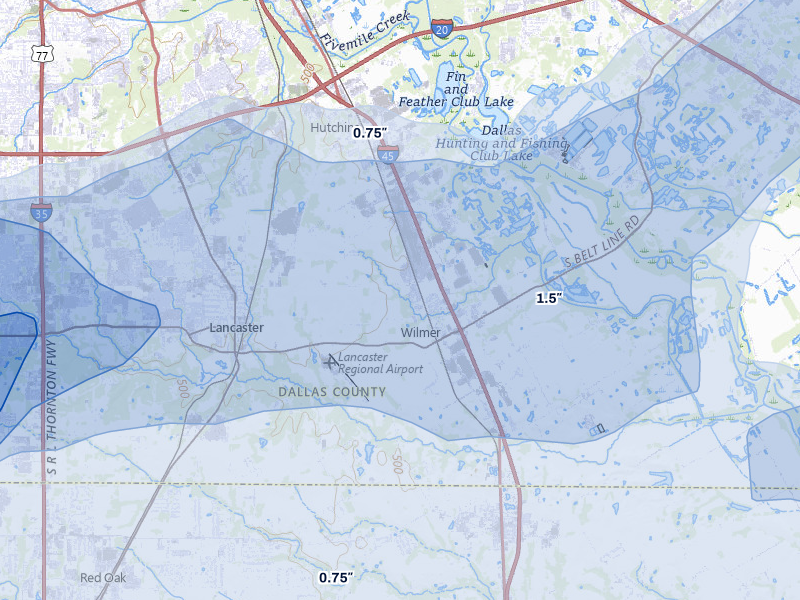 NEXRAD radar-signature map of the hail storm over Lancaster, TX on Jun 6, 2026