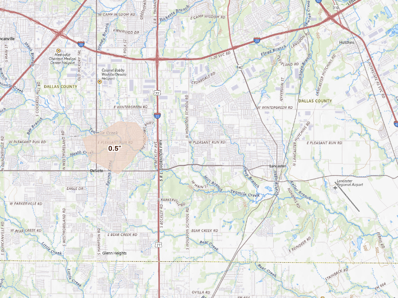 Radar-estimated hail-size map of the storm over Lancaster, TX
