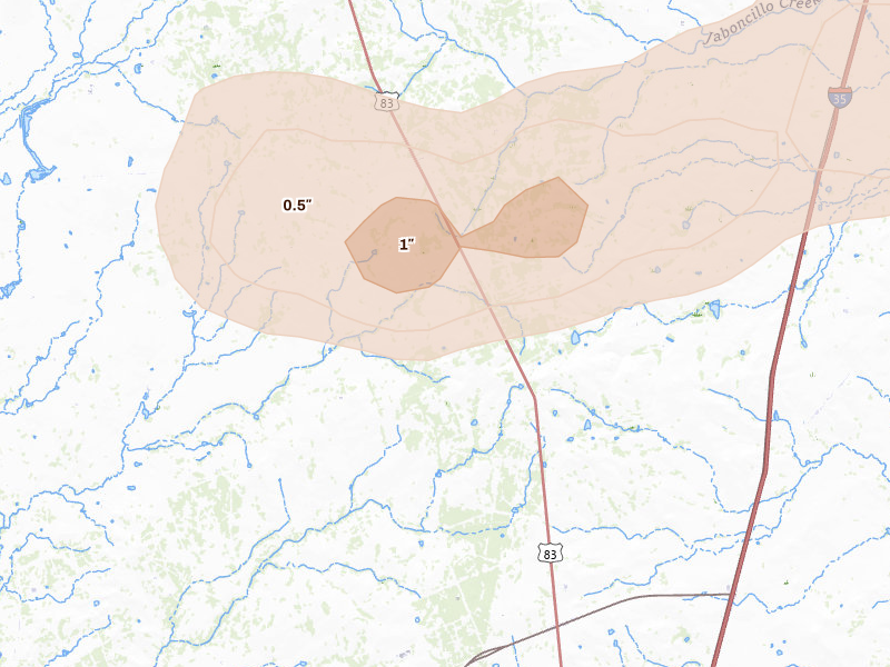 Radar-estimated hail-size map of the storm over Laredo, TX on Mar 8, 2026