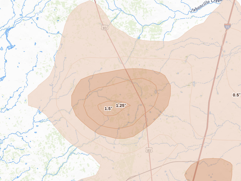 Radar-estimated hail-size map of the storm over Laredo, TX on May 26, 2026