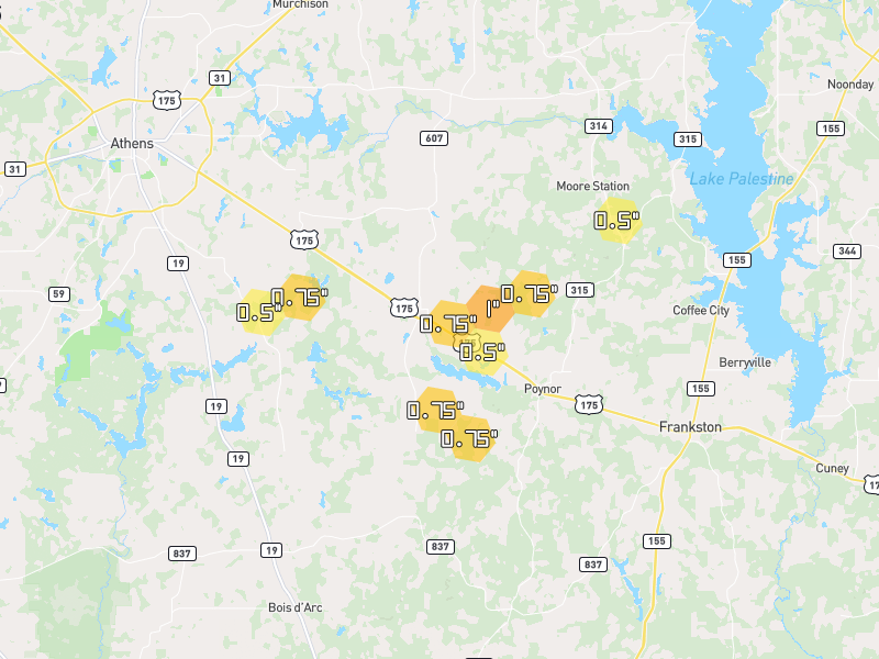 Hail map of Larue, TX on Jul 5, 2026, hail up to 1"