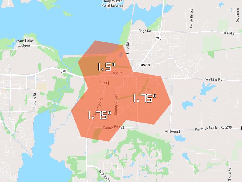 Hail map of Lavon, TX on Jun 2, 2026, hail up to 1.75"