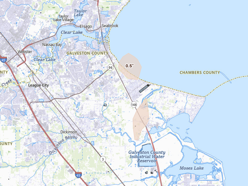 Radar-estimated hail-size map of the storm over League City, TX on May 22, 2026