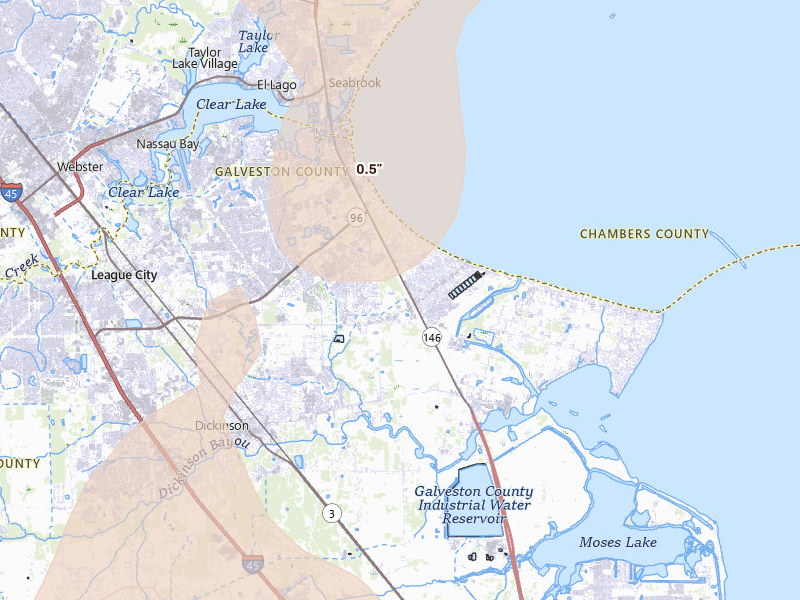 Radar-estimated hail-size map of the storm over League City, TX on Jul 22, 2026